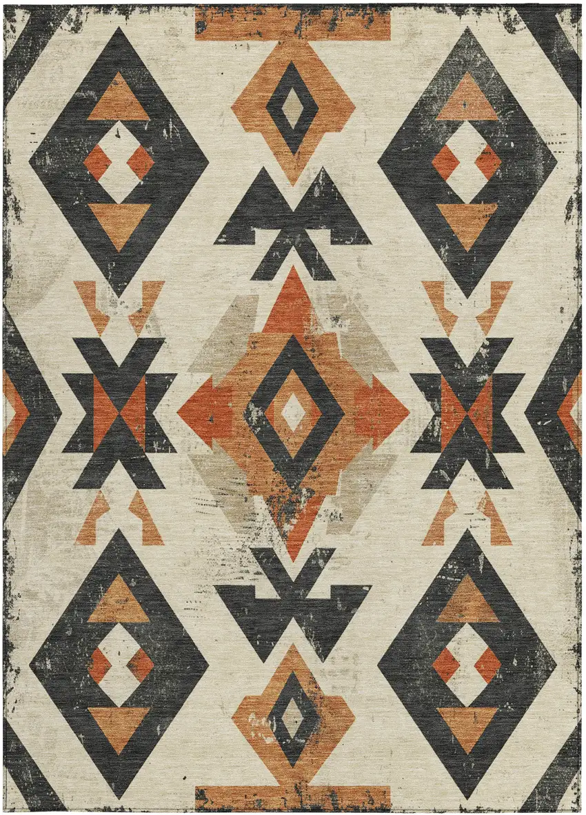 Ivory Orange And Charcoal Aztec Washable Indoor Outdoor Area Rug Photo 4