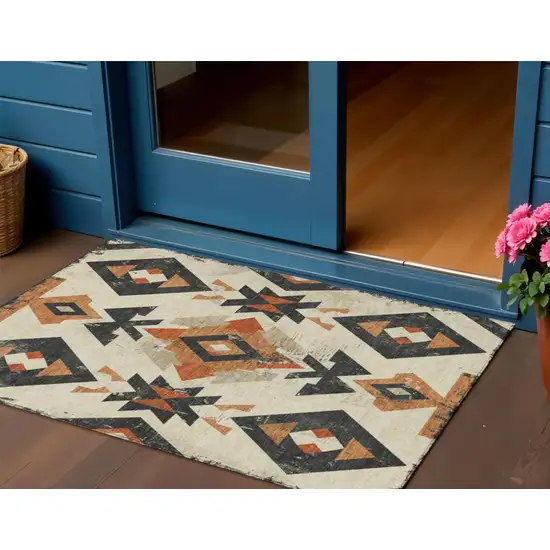 Ivory Orange And Charcoal Aztec Washable Indoor Outdoor Area Rug Photo 2