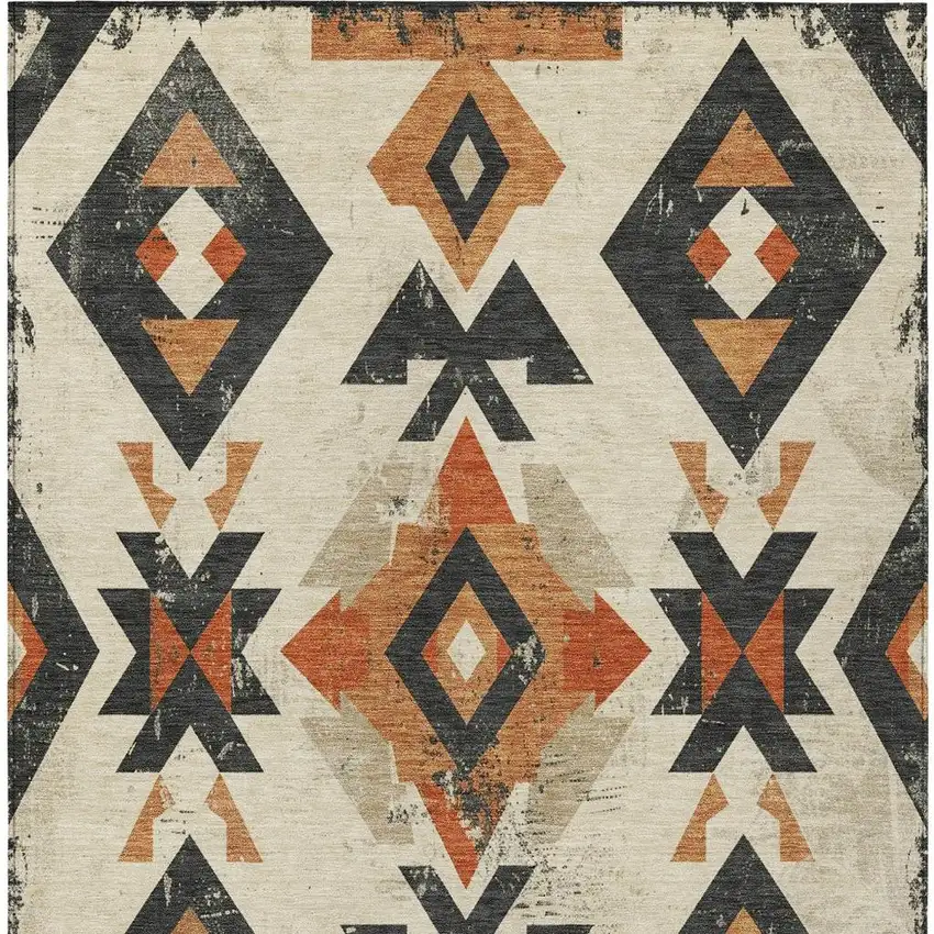 Ivory Orange And Charcoal Aztec Washable Indoor Outdoor Area Rug Photo 4