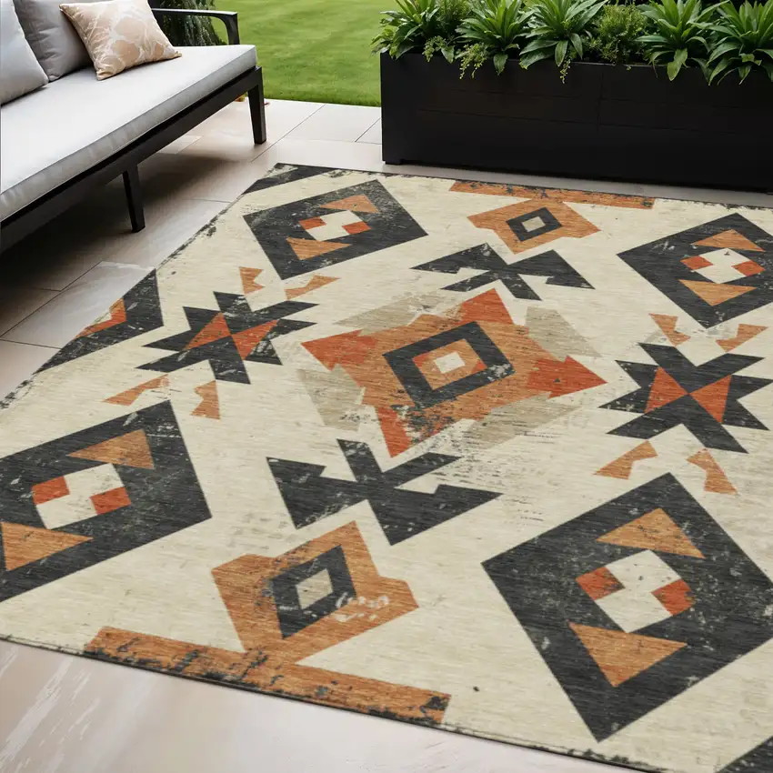 Ivory Orange And Charcoal Aztec Washable Indoor Outdoor Area Rug Photo 2