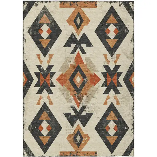 Ivory Orange And Charcoal Aztec Washable Indoor Outdoor Area Rug Photo 1
