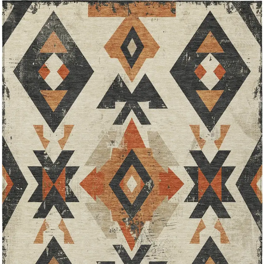 Ivory Orange And Charcoal Aztec Washable Indoor Outdoor Area Rug Photo 8