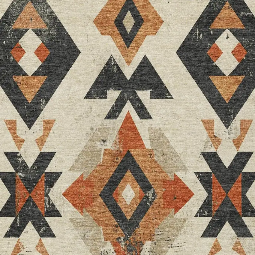 Ivory Orange And Charcoal Aztec Washable Indoor Outdoor Area Rug Photo 4