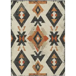 Photo of Ivory Orange And Charcoal Aztec Washable Indoor Outdoor Area Rug