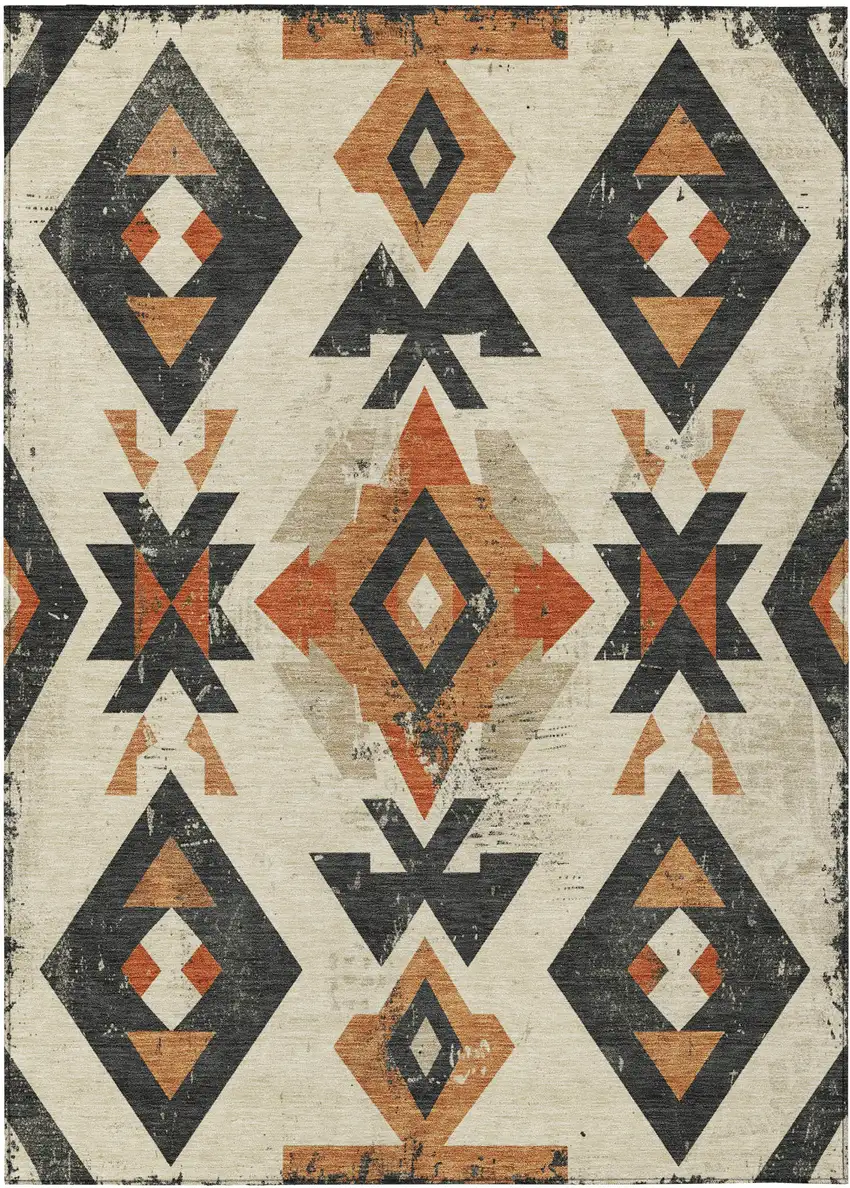 Ivory Orange And Charcoal Aztec Washable Indoor Outdoor Area Rug Photo 1