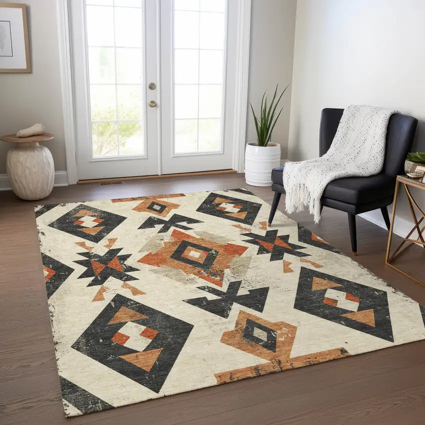 Ivory Orange And Charcoal Aztec Washable Indoor Outdoor Area Rug Photo 7