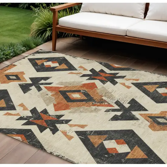 Ivory Orange And Charcoal Aztec Washable Indoor Outdoor Area Rug Photo 2