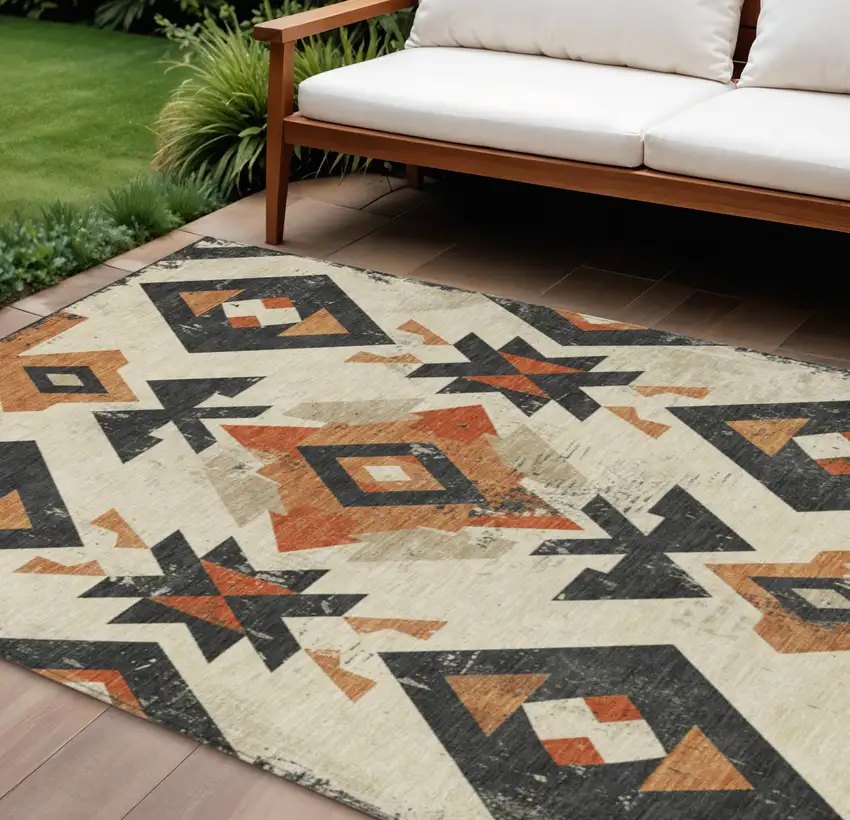Ivory Orange And Charcoal Aztec Washable Indoor Outdoor Area Rug Photo 2