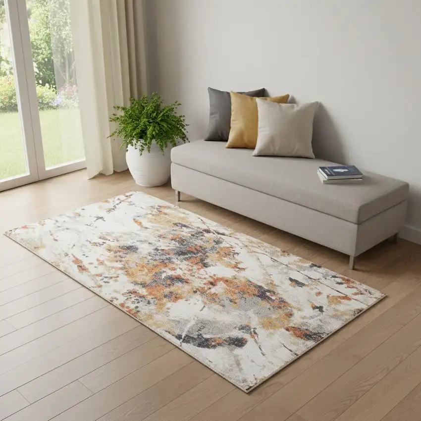 Ivory Orange And Gray Abstract Runner Rug Photo 1