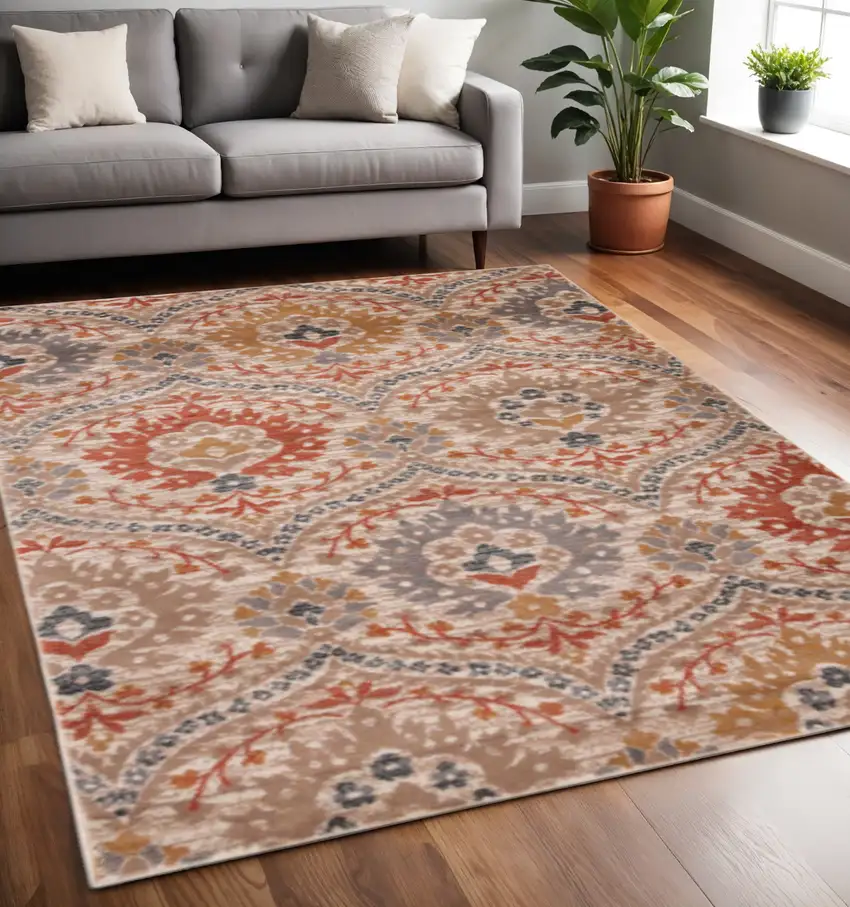 Orange And Ivory Floral Area Rug Photo 1