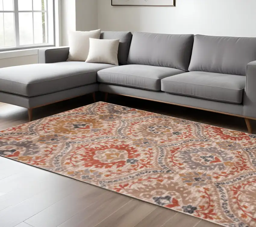 Orange And Ivory Floral Area Rug Photo 1