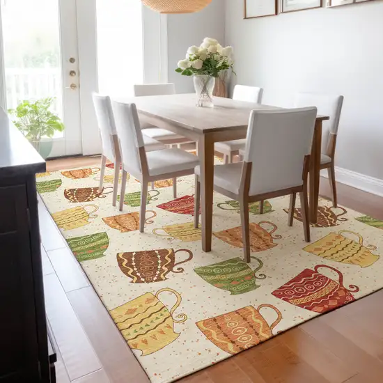 Ivory Orange And Green Geometric Washable Area Rug With UV Protection Photo 5