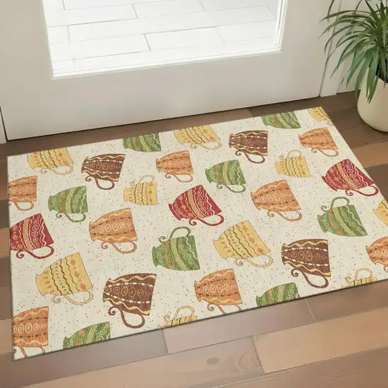 Ivory Orange And Green Geometric Washable Area Rug With UV Protection Photo 1