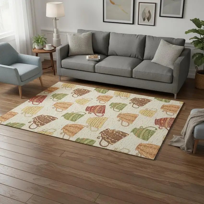 Ivory Orange And Green Geometric Washable Area Rug With UV Protection Photo 1