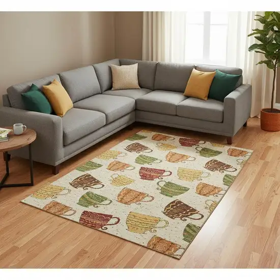 Ivory Orange And Green Geometric Washable Area Rug With UV Protection Photo 1