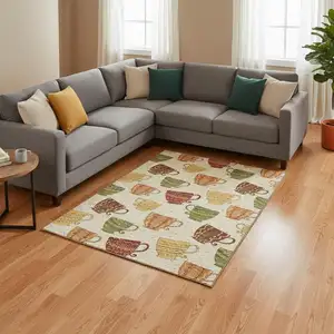 Photo of Ivory Orange And Green Geometric Washable Area Rug With UV Protection