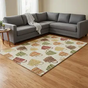 Photo of Ivory Orange And Green Geometric Washable Area Rug With UV Protection