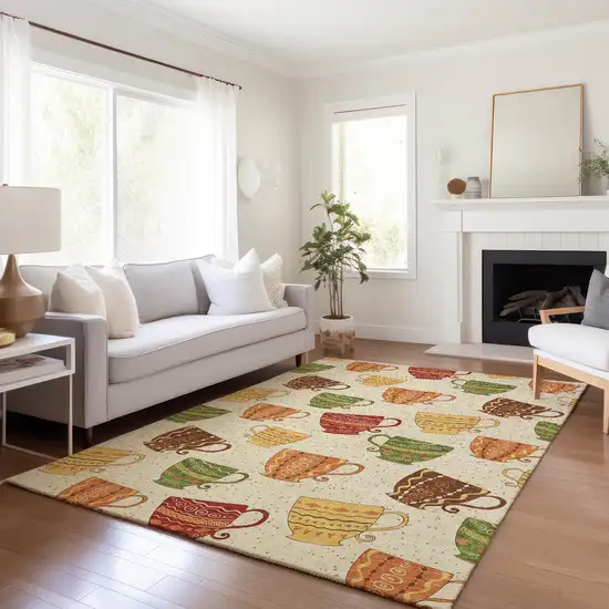 Ivory Orange And Green Geometric Washable Area Rug With UV Protection Photo 5