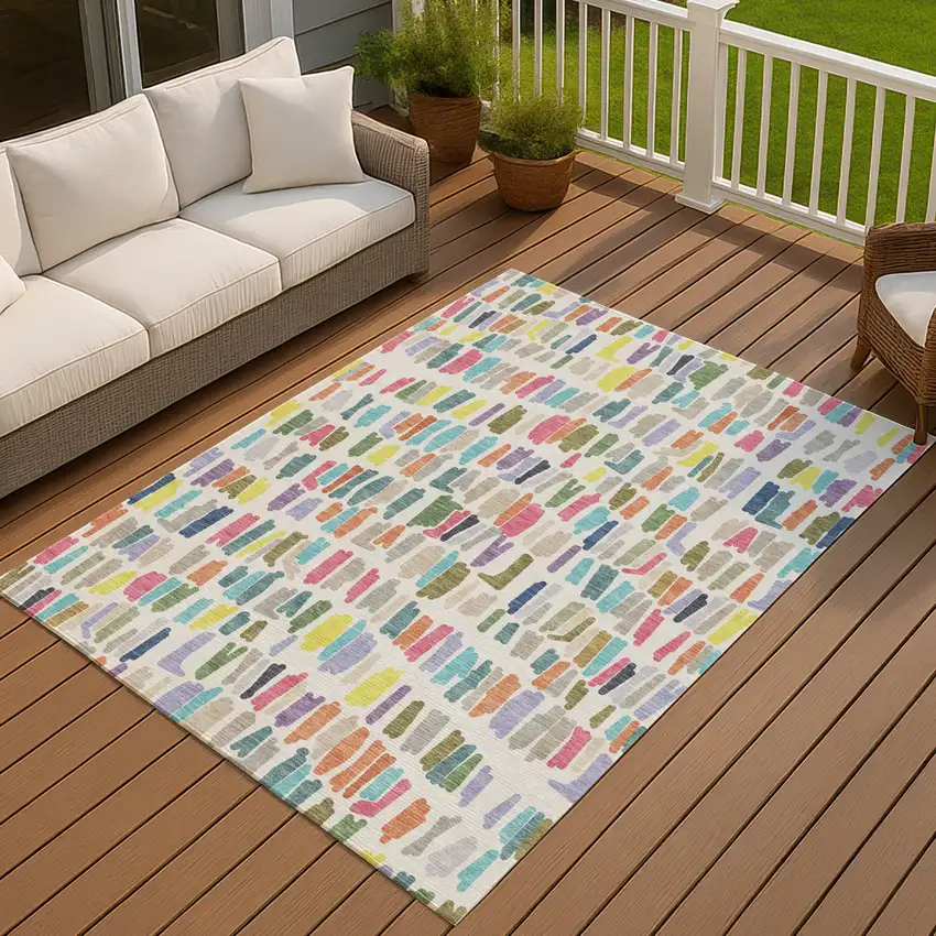 Ivory Orange And Green Striped Washable Indoor Outdoor Area Rug Photo 4