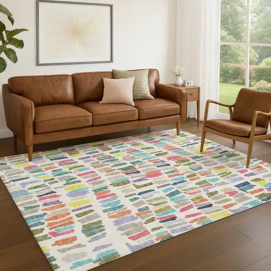 Ivory Orange And Green Striped Washable Indoor Outdoor Area Rug Photo 5