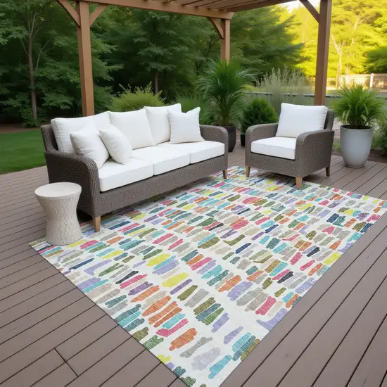 Ivory Orange And Green Striped Washable Indoor Outdoor Area Rug Photo 7