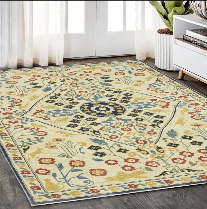 Ivory Orange And Navy Blue Oriental Area Rug With Fringe Photo 1