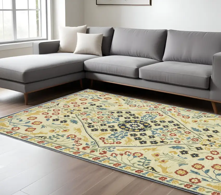 Ivory Orange And Navy Blue Oriental Area Rug With Fringe Photo 1