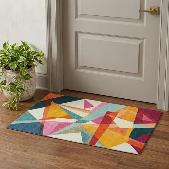 Ivory Orange And Pink Geometric Washable Area Rug With UV Protection Photo 1