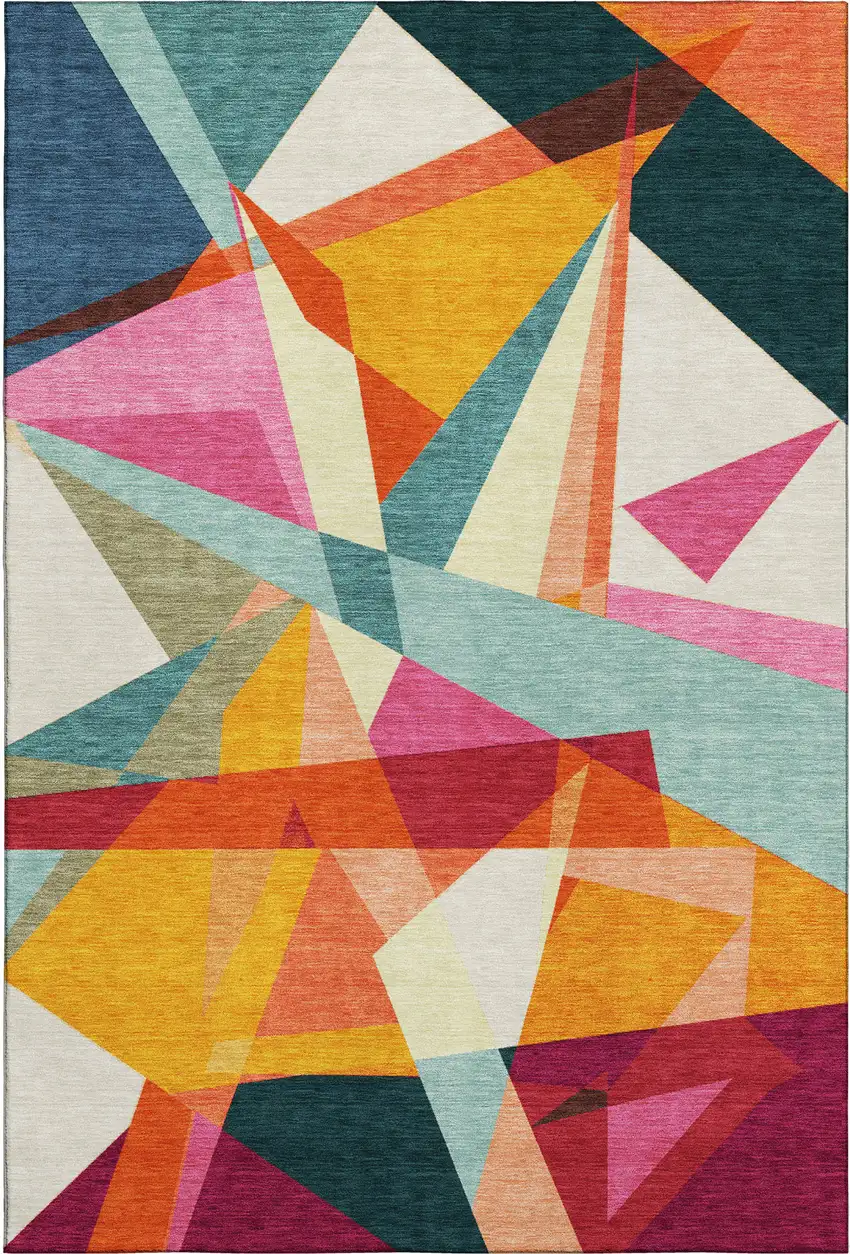Ivory Orange And Pink Geometric Washable Area Rug With UV Protection Photo 1