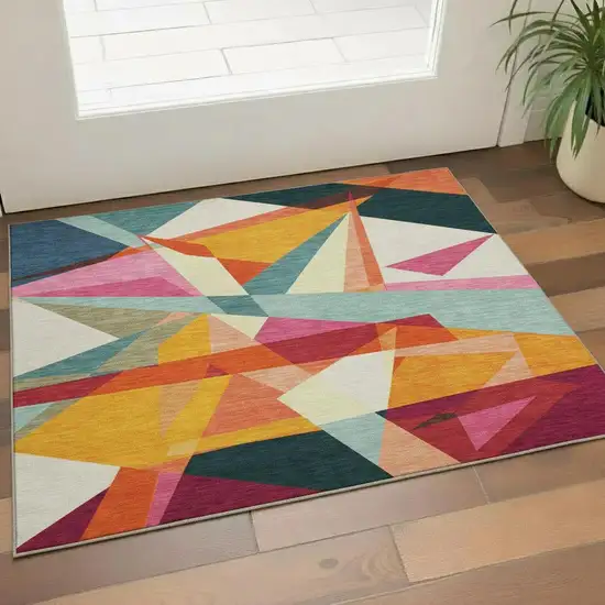 Ivory Orange And Pink Geometric Washable Area Rug With UV Protection Photo 2