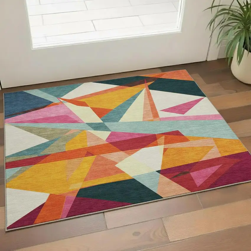 Ivory Orange And Pink Geometric Washable Area Rug With UV Protection Photo 2