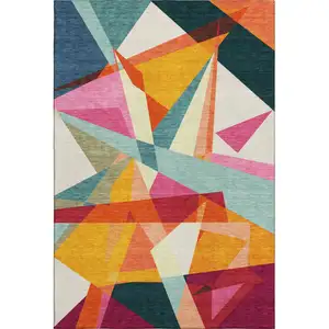 Photo of Ivory Orange And Pink Geometric Washable Area Rug With UV Protection