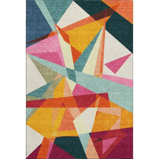 Ivory Orange And Pink Geometric Washable Area Rug With UV Protection Photo 1
