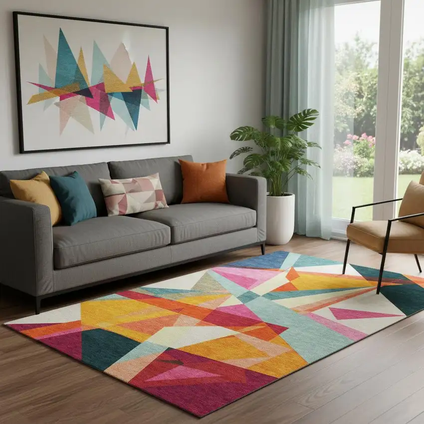 Ivory Orange And Pink Geometric Washable Area Rug With UV Protection Photo 2