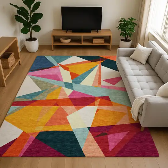 Ivory Orange And Pink Geometric Washable Area Rug With UV Protection Photo 4