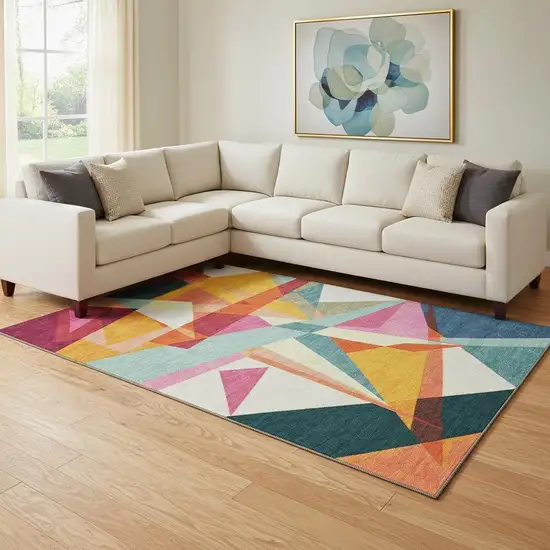 Ivory Orange And Pink Geometric Washable Area Rug With UV Protection Photo 2