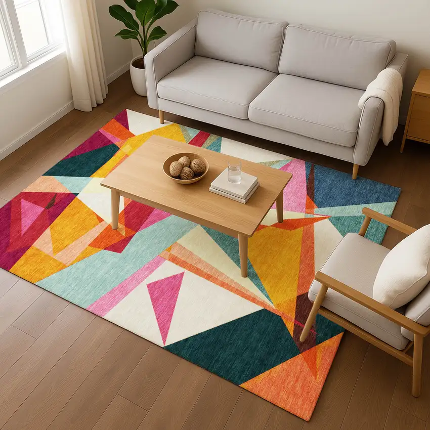 Ivory Orange And Pink Geometric Washable Area Rug With UV Protection Photo 5