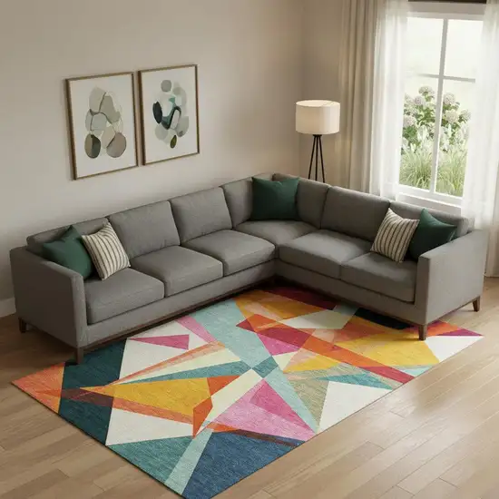 Ivory Orange And Pink Geometric Washable Area Rug With UV Protection Photo 2