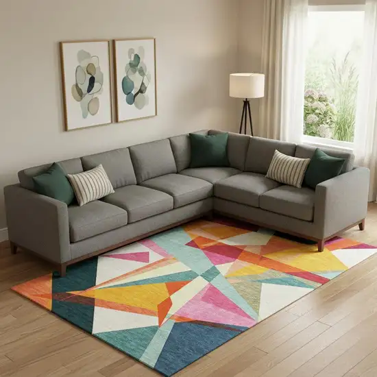 Ivory Orange And Pink Geometric Washable Area Rug With UV Protection Photo 2