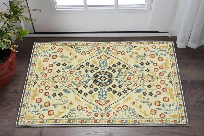 Ivory Orange And Yellow Oriental Area Rug With Fringe Photo 1