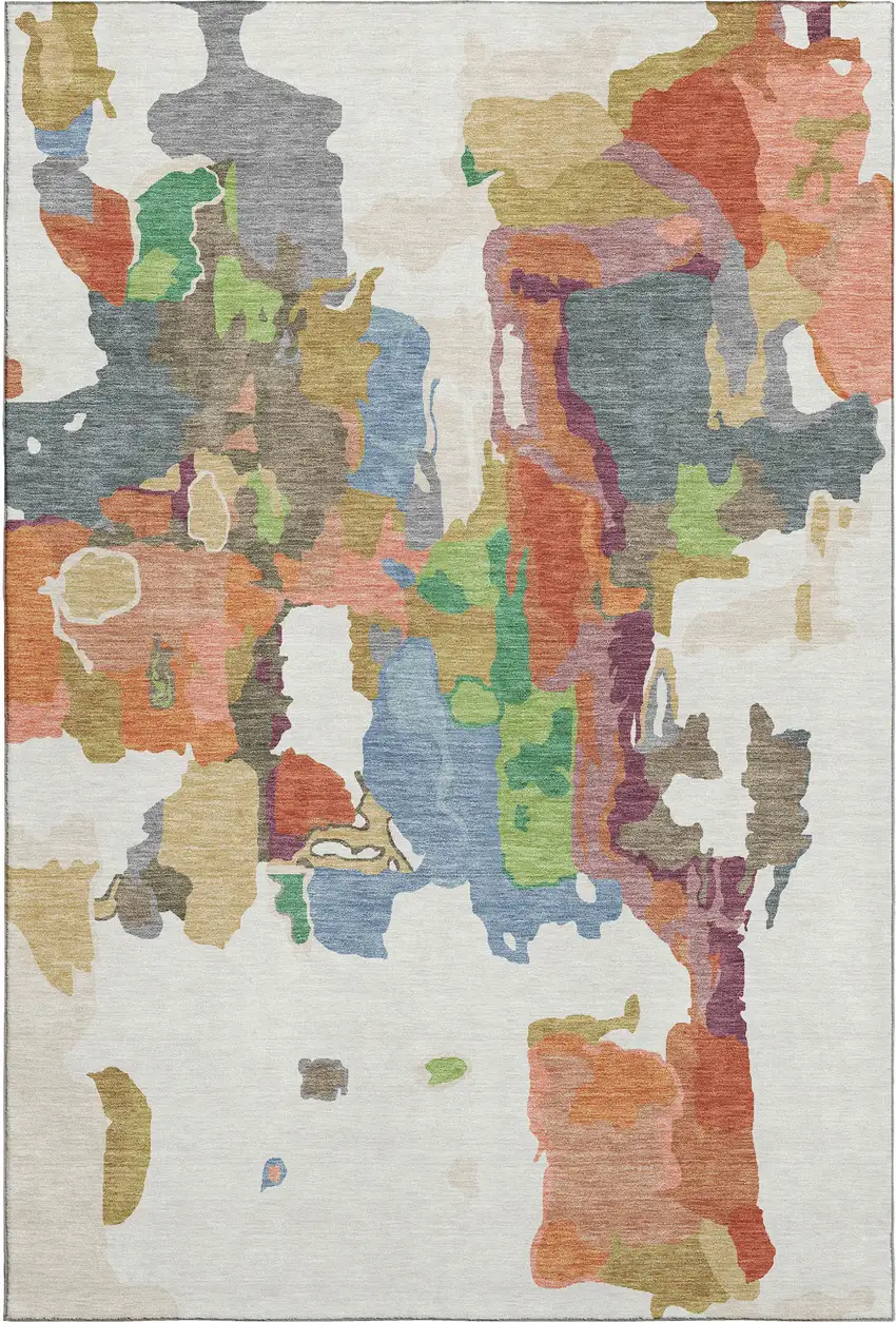 Ivory Orange Blue And Green Abstract Washable Area Rug With UV Protection Photo 6