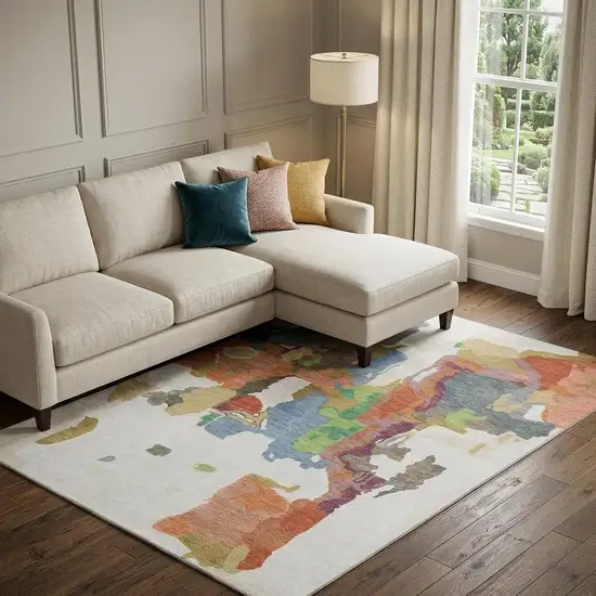Ivory Orange Blue And Green Abstract Washable Area Rug With UV Protection Photo 1