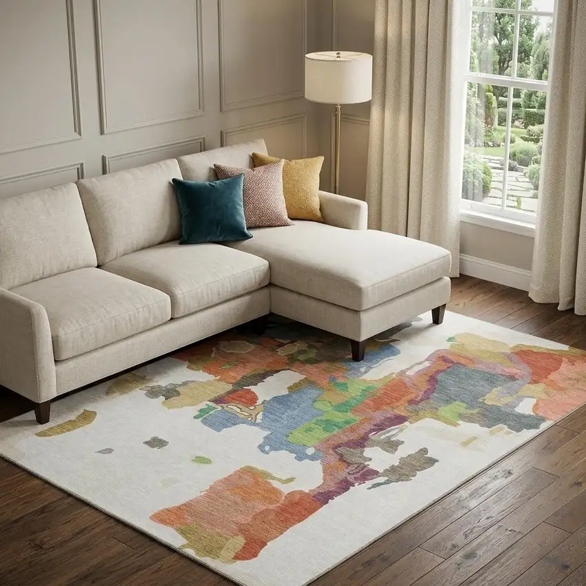 Ivory Orange Blue And Green Abstract Washable Area Rug With UV Protection Photo 1