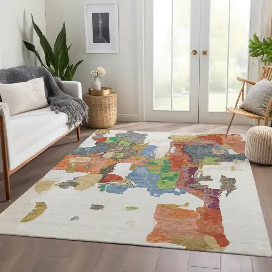 Ivory Orange Blue And Green Abstract Washable Area Rug With UV Protection Photo 5