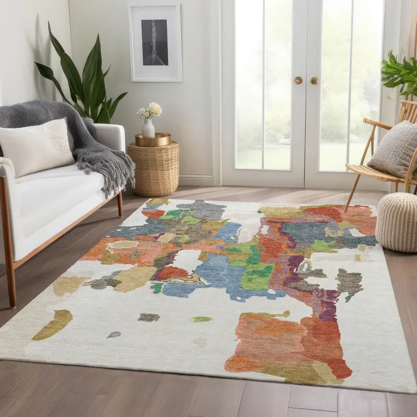 Ivory Orange Blue And Green Abstract Washable Area Rug With UV Protection Photo 5