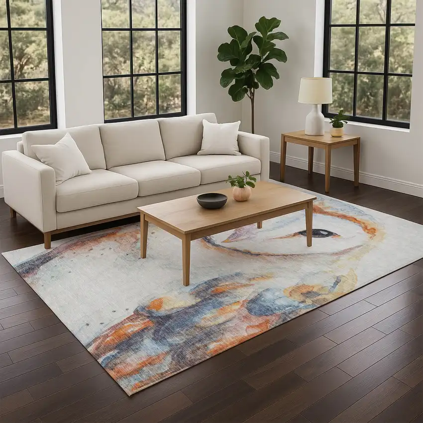 Ivory Orange Charcoal And Blue Owl Washable Indoor Outdoor Area Rug Photo 7