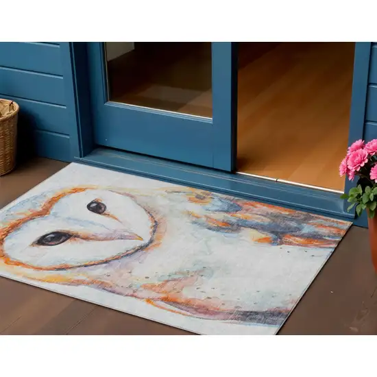 Ivory Orange Charcoal And Blue Owl Washable Indoor Outdoor Area Rug Photo 1
