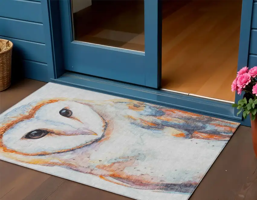 Ivory Orange Charcoal And Blue Owl Washable Indoor Outdoor Area Rug Photo 1
