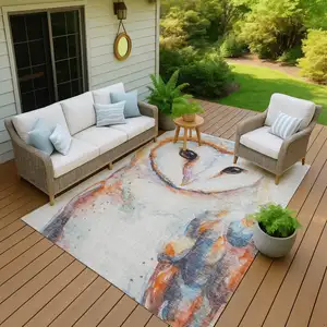 Photo of Ivory Orange Charcoal And Blue Owl Washable Indoor Outdoor Area Rug