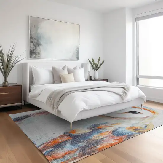 Ivory Orange Charcoal And Blue Owl Washable Indoor Outdoor Area Rug Photo 9